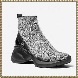 New With Box Michael Kors Zuma Black Silver Embellished Knit Sneaker Bootie Sz 6